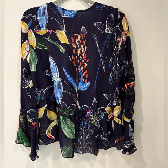 Parker Gardenia Nights Navy Floral silk blend blouse ruffle peplum detailing - Picture 2 of 10